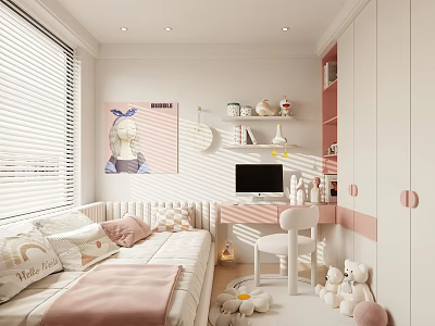 Cozy Kids Room Interior With Bed Pillows Wall Painting Desk Chair And Dolls On Shelf 3d model