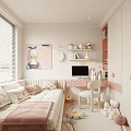 Cozy Kids Room Interior With Bed Pillows Wall Painting Desk Chair And Dolls On Shelf