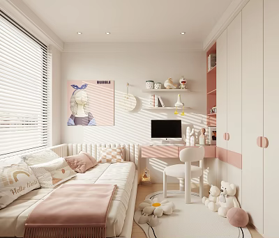 Cozy Kids Room Interior With Bed Pillows Wall Painting Desk Chair And Dolls On Shelf 3d model