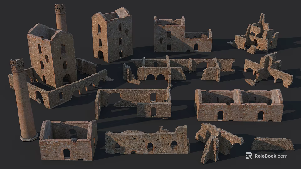 Ancient Historic Ruin Scene Components With Stone Tower Arch And Wall Elements 3d model 