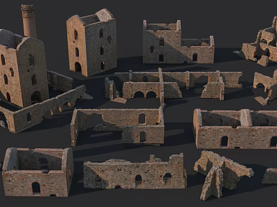 Ancient Historic Ruin Scene Components With Stone Tower Arch And Wall Elements 3d model