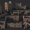 Ancient Historic Ruin Scene Components With Stone Tower Arch And Wall Elements
