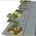 Plaza Landscape with Yellow Circular Wooden Platform People Relaxing Under Trees and Water Feature