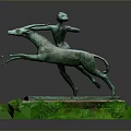 Bronze Sculpture Of A Figure Riding A Running Horse On Green Base