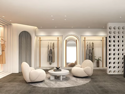 Modern Clothing Store Interior With Display Racks Sofas And Round Coffee Table 3d model