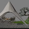 White Canvas Tent With Outdoor Dining Table And Chairs Near Pine Tree