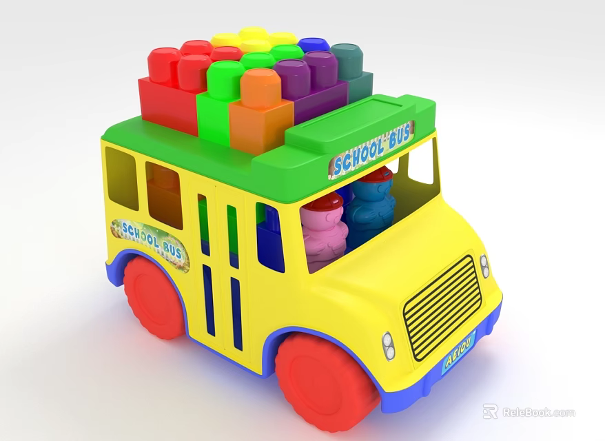 Colorful Building Blocks Shaped Yellow School Bus Toy For Learn And Play 3d model 