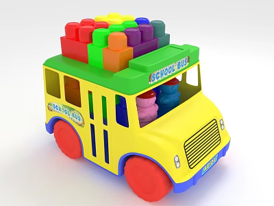 Colorful Building Blocks Shaped Yellow School Bus Toy For Learn And Play 3d model