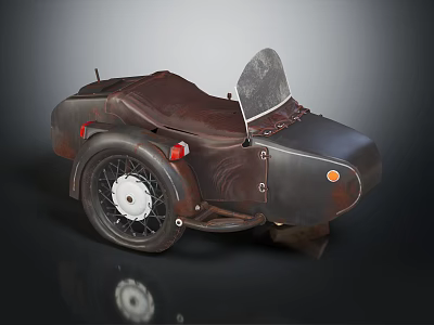Vintage Motorcycle Sidecar With Leather Seat Windshield Retro Metal Body And White Wheel Hub 3d model