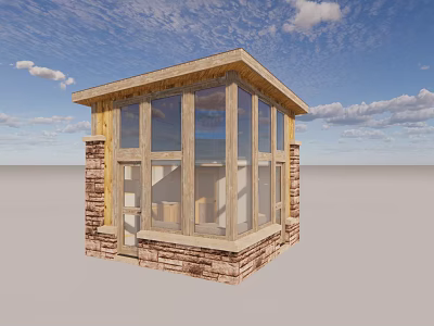 Wooden Framed Detached Villa With Large Glass Windows And Stone Walls Under Blue Sky 3d model