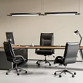 Minimalist Modern Office Desk Featuring Three Black Chairs Desk Lamp And Ceiling Lights