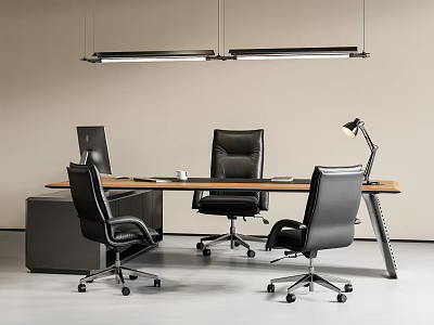 Minimalist Modern Office Desk Featuring Three Black Chairs Desk Lamp And Ceiling Lights 3d model
