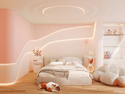 Playful Kids Room With Pink Walls Curved Design Soft Lighting Teepee And Wooden Floor 3d model