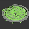 Modern Circular Architectural Structure With Radial Framework Spherical Elements And Support Bases