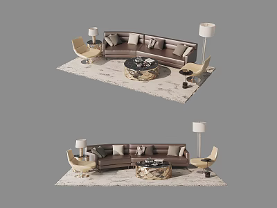 Modern Sofa and Coffee Table Combination in Living Room With Accent Chairs and Floor Lamps 3d model