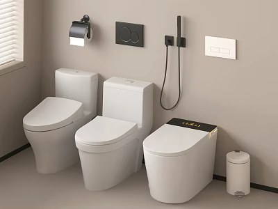 Three Modern White Toilets With Bidet Spray Control Panel And Trash Can 3d model