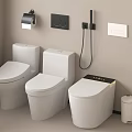 Three Modern White Toilets With Bidet Spray Control Panel And Trash Can 3d model