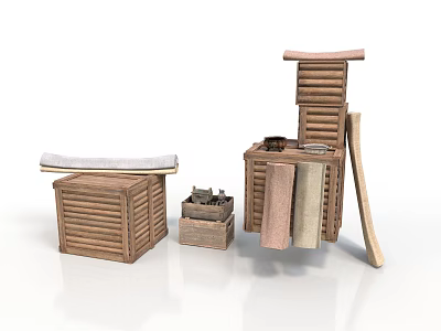 Natural Wooden Furniture Collection With Storage Units Shelves And Cushioned Bench 3d model