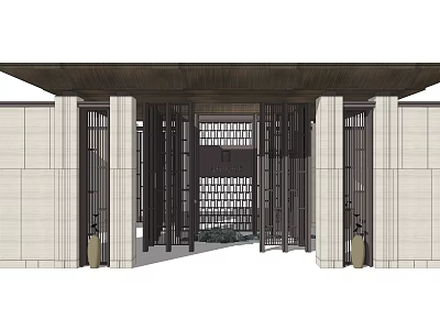 Modern Architectural Entrance With Wooden Grille Design And Stone Wall Columns 3d model