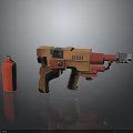 Orange Red Sci Fi Weapon With Vintage Industrial Design Mechanical Handle And Gas Cylinder