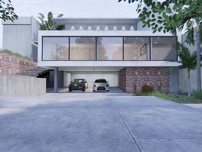 Modern Detached Villa Exterior With Glass Facade Double Garage And Palm Trees 3d model