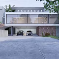 Modern Detached Villa Exterior With Glass Facade Double Garage And Palm Trees