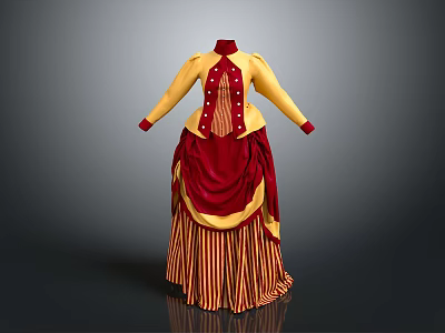 Vintage Retro Elegant Dress With Yellow Top Red Skirt Striped Design And Button Decorations 3d model