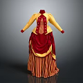 Vintage Retro Elegant Dress With Yellow Top Red Skirt Striped Design And Button Decorations