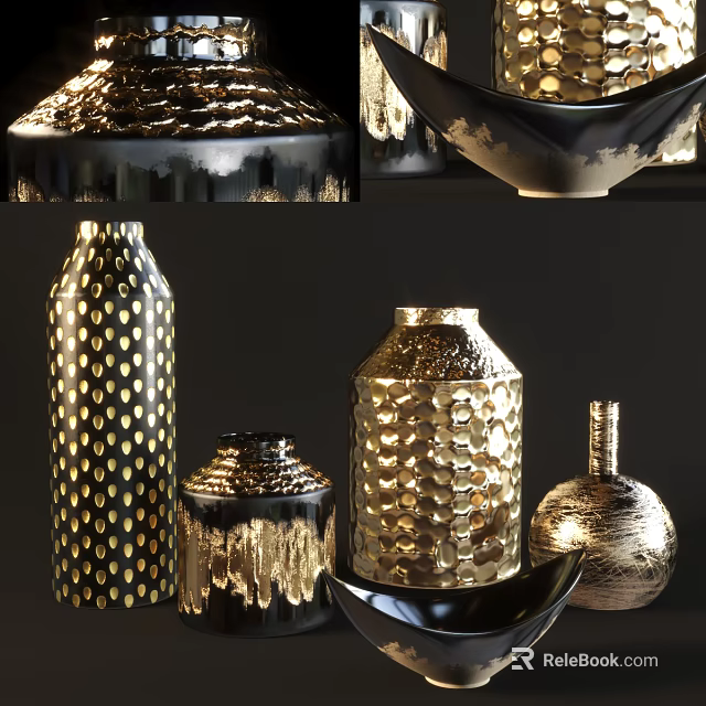 Gold And Black Decorative Ornament Set With Textured Vases And Bowls 3d model 