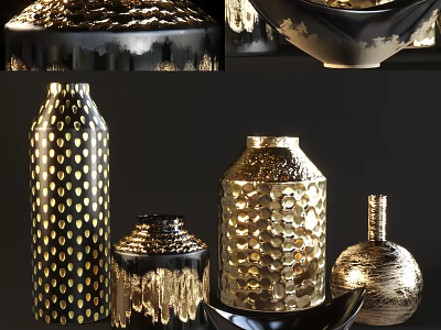Gold And Black Decorative Ornament Set With Textured Vases And Bowls 3d model