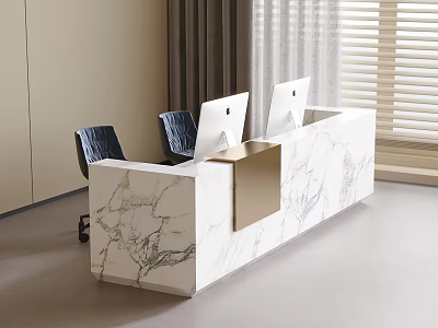 Modern Reception Desk With Marble Surface Two Computers And Black Chairs By Window 3d model