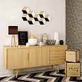 Modern Light Wood TV Stand with Table Lamp Chalkboard Sign Vase and Geometric Wall Art