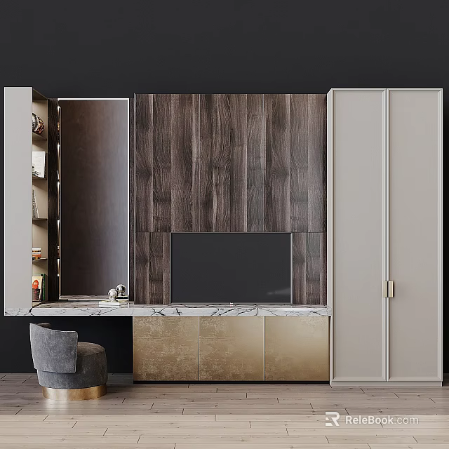 Modern TV Background Wall Design With Wooden Panels Storage Cabinets And Gold Accents 3d model 