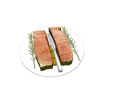 Kitchen Knife For Cutting Fresh Salmon With Rosemary On White Plate 3d model