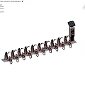 Public Facility Solar Powered Shared Bike Parking With Neatly Arranged Red Bicycles On Stone Pavement