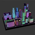 Colorful 3D Cartoon City Model with Vibrant Blue Purple Pink Tall Buildings and Various Shapes