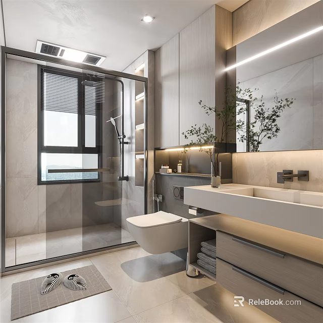Modern Bathroom Interior Design With Glass Shower Partition Vanity Mirror And Plants 3d model 