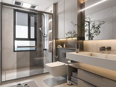 Modern Bathroom Interior Design With Glass Shower Partition Vanity Mirror And Plants 3d model