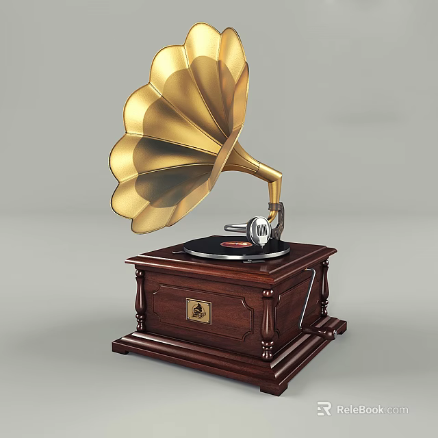 Vintage Gramophone With Golden Horn And Wooden Base For Classic Audio Playback 3d model 
