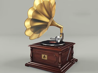 Vintage Gramophone With Golden Horn And Wooden Base For Classic Audio Playback 3d model