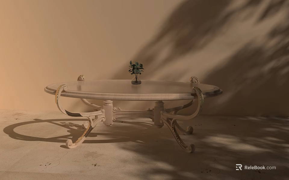 Elegant Dining Table Set With Glass Top Carved Legs And Small Plant 3d model 