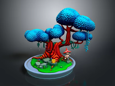 Miniature Plant Landscape With Blue Canopy Red Trunk Mushroom Green Grass And Stones 3d model