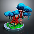 Miniature Plant Landscape With Blue Canopy Red Trunk Mushroom Green Grass And Stones