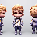 Game Cartoon Character Boy Three Angles View With Blonde Spiky Hair Purple Hoodie Blue Pants