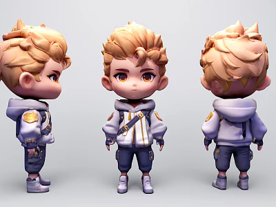 Game Cartoon Character Boy Three Angles View With Blonde Spiky Hair Purple Hoodie Blue Pants 3d model