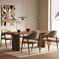Dining Table Set with Wooden Top Light Gray Chairs Hanging Pendant Lights Abstract Wall Art