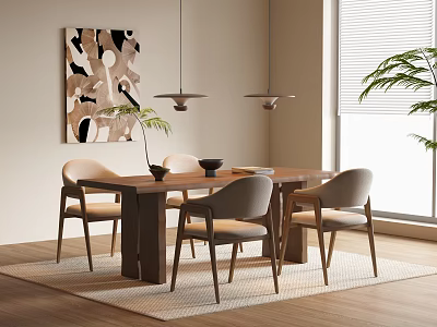 Dining Table Set with Wooden Top Light Gray Chairs Hanging Pendant Lights Abstract Wall Art 3d model