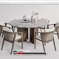 Elegant Round Dining Table Set With Marble Top Dark Wood Legs And Six Woven Chairs