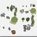 Assorted Green Plants And Flowers With Stone Accents In Garden Arrangement
