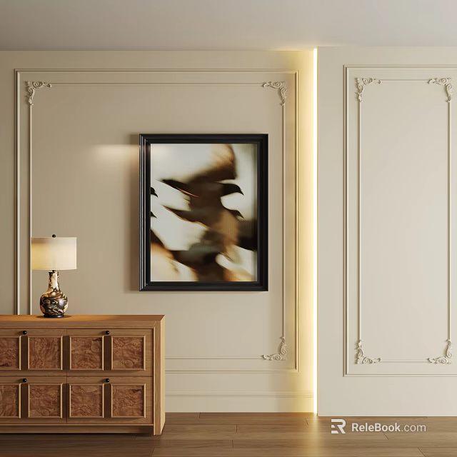 Abstract Painting in Black Frame on Wall with Decorative Moldings Wooden Cabinet and Table Lamp 3d model 